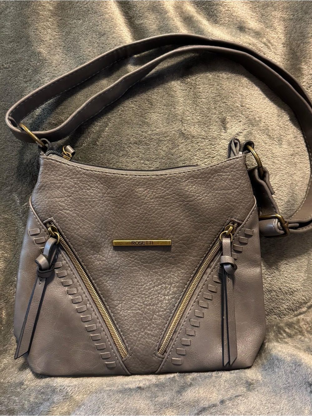 Rosetti Gray-Taupe Pebbled Leather Crossbody Bag with Gold Hardware